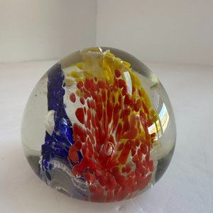 Hand Blown Yellow Red Blue Bubble Burst Floral Art Glass Paperweight Retro MCM